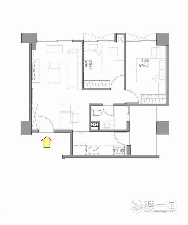 现代简约风格 重庆绿地海外滩60平米两居室户型图